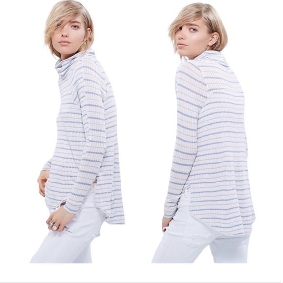 Free People Stripe Dripping Thermal Cowl Top Shirt Blue White Size Medium - Picture 2 of 11